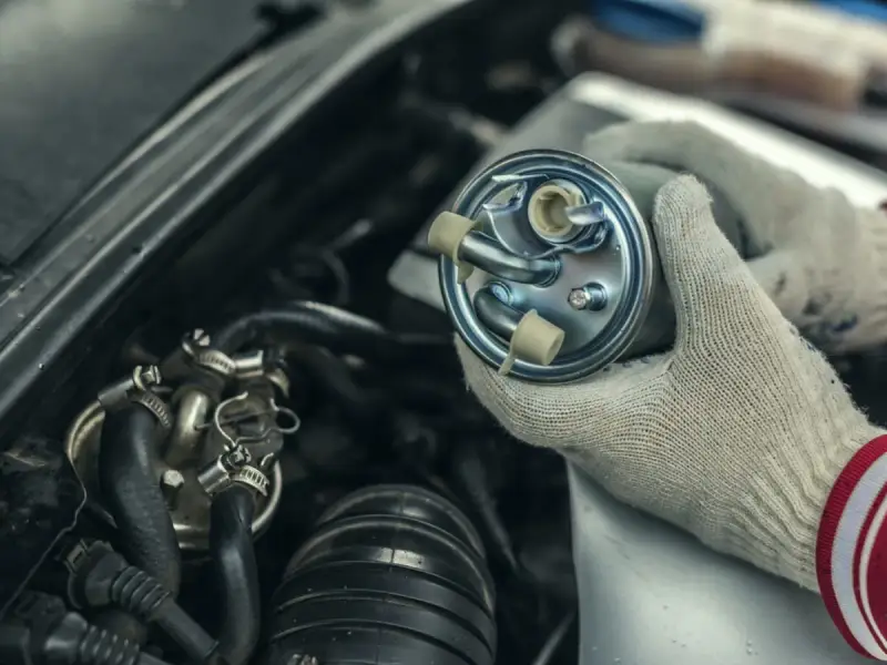Hände mit Handschuhen halten einen neuen Kraftstofffilter bereit, um den alten im Motorraum zu wechseln.